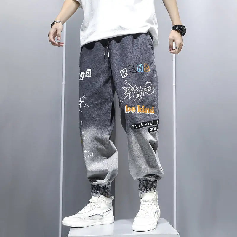 Printing Jeans Men's Gradient Hip Hop Trousers Harem Cartoon Loose Casual Ankle Banded Pants Cargo Denim Jeans Fashion