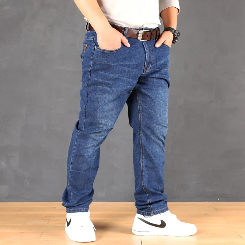 47-160KG Plus Size Men's Jeans Autumn Spring Black Blue Pants Straight Business Loose Long Trousers Cotton Jeans Male Clothing