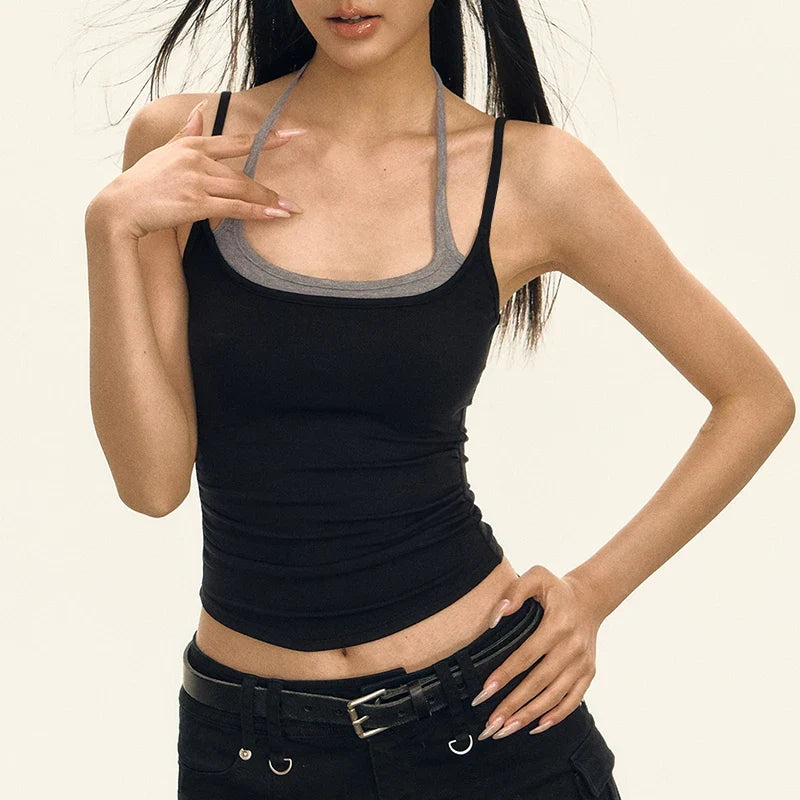 Summer Fashion Women's Splicing Halter Top Sexy Bandage Sleeveless Tank Tops Girls Knitted Camisoles Ropa De Mujer