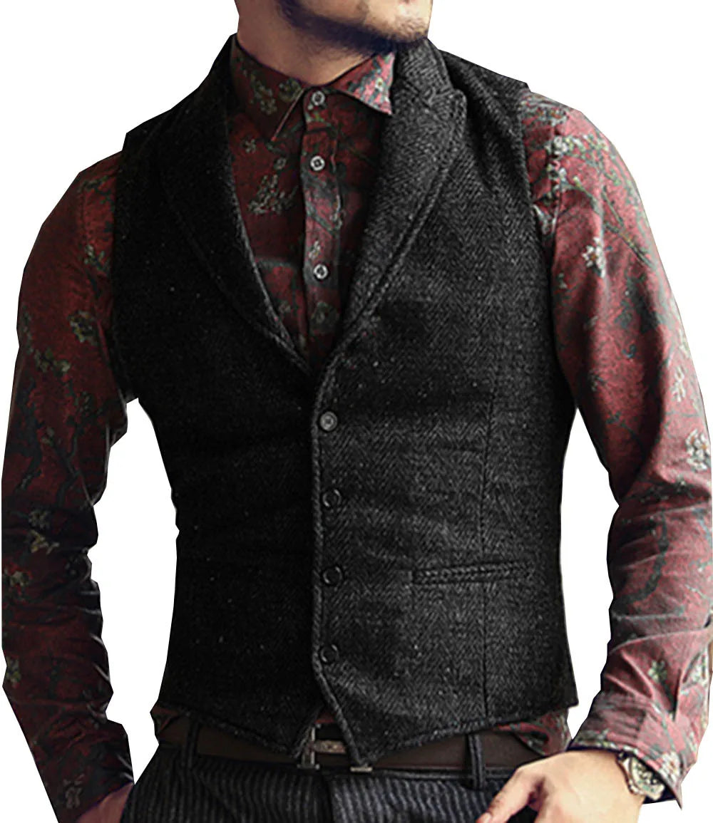 Men's Suit Vest Slim Fit Herringbone Pattern Mail Waistcoat Flip Tie Pocket Vest Business Banquet Wedding Groomsman Dress Vests