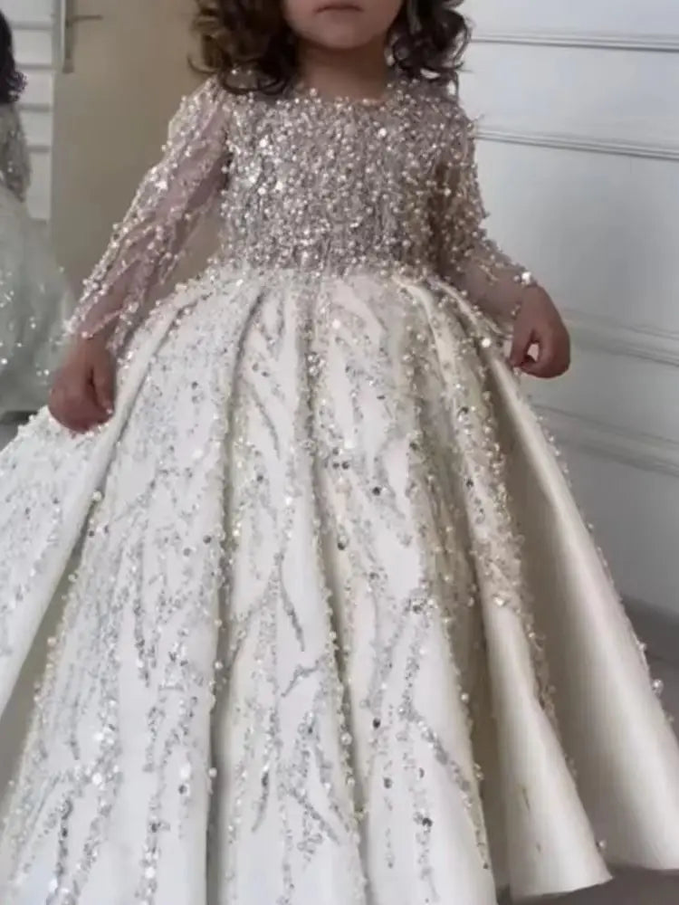 MisShow Custom Flower Girl Dress Wedding Dress First Christmas Dress Party Dress Long Sleeve Sequin Princess Kids Formal Dress