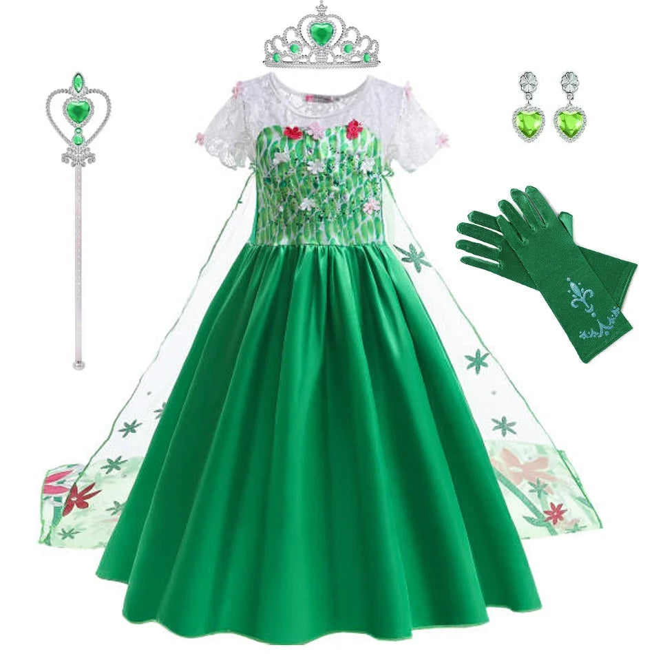 Elsa Green Dress for Kids Girl Princess Costume Dresses Children Long Cloak Floral Lace Ball Gown Summer