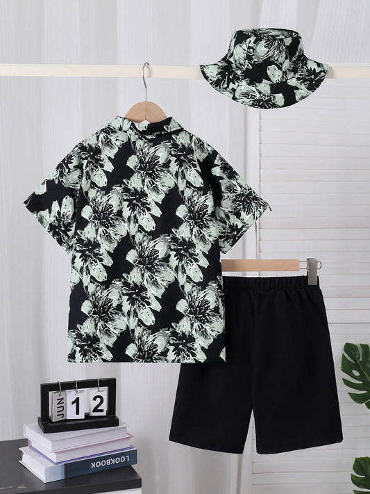 3-Piece Set Boys Summer Children's Fashion Holiday Shirt And Shorts Ensemble with Hat for Outdoor Vacation Wear Casual Daily