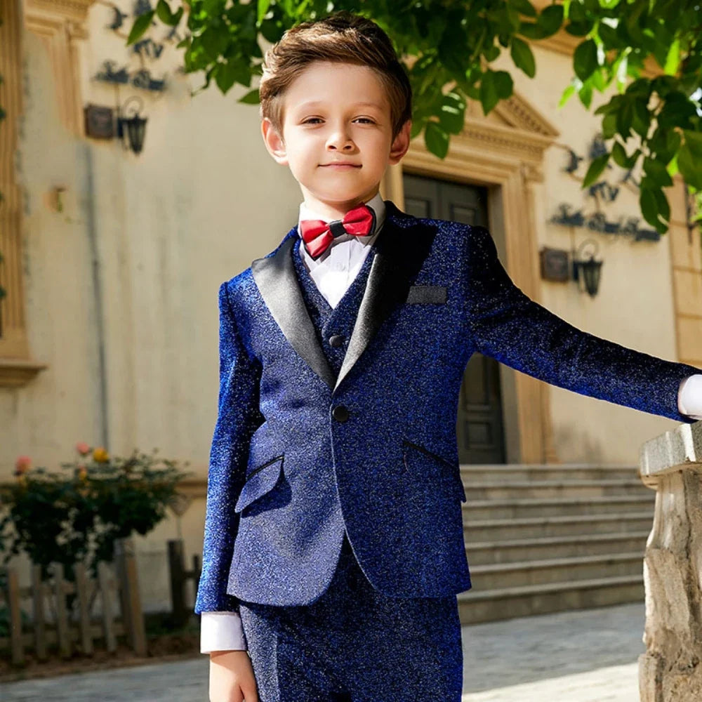 Glitter Luxury Kids Suit Set 3 Pieces Host Costumes,Classic Peak Lapel Boys Regular Fit Tuxedo Wedding Ring Bearer Outfit
