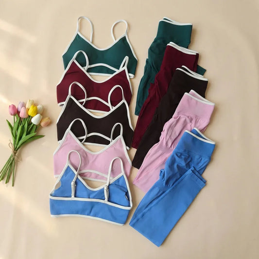 Women 2pcs Sport Sets Gym Push Up Yoga Pants Hollow Back Fitness Bras Workout High Waist Leggings Seamless Tights Gym Set Suit