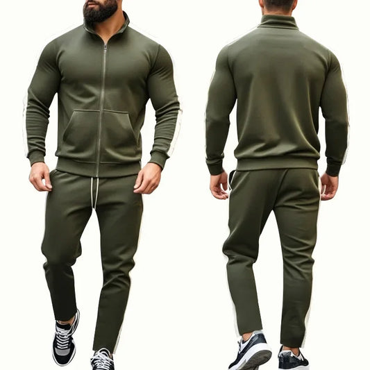 2025 Spring Autumn Men's 2-Piece Set Color Blocking Zipper Stand Collar Casual Sports Jacket Sweatshirt Trousers Suit
