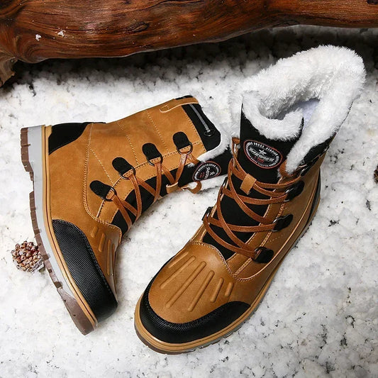 Fashion Men's Winter Boots Warm Fur High-top Snow Boots Men Waterproof Leather Platform Boots Outdoor Non-slip Men Winter Shoes