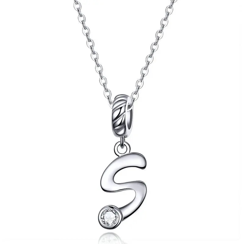 925 Sterling Silver Vintage Letter A to Z Pendant Necklace Initial Long Chain Necklace Platinum Plated Women Fine Jewelry