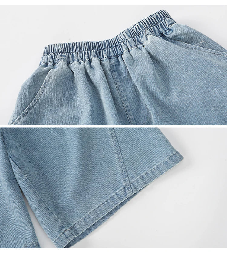 New Casual Kids Child Summer Denim Suit for Teenage Boy High Fashion Short Sleeve Shirt + Shorts 2 Pieces Clothing Set Age 5-14Y