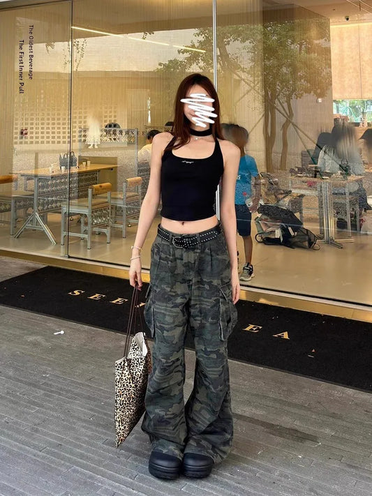 plus Size American Retro Camouflage Casual Work Pants Women's Loose Wide Leg Jeans Autumn New Sle High Waist Zipper Closure