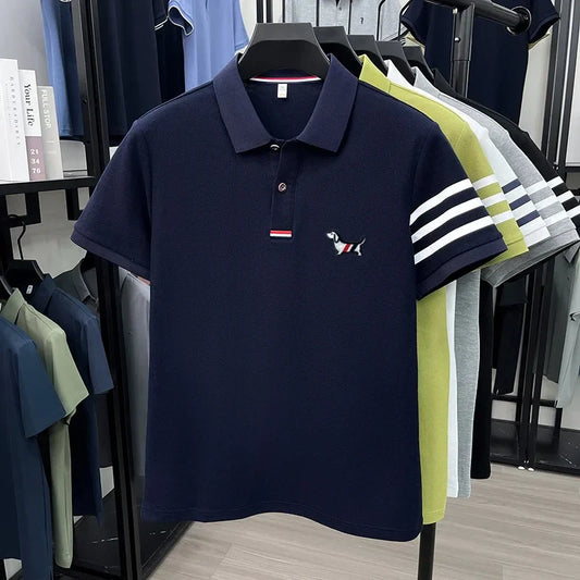 luxury brand men's high quality short sleeves polo shirt lapel embroidery puppy cuff stripe t-shirt business leisure men's wear