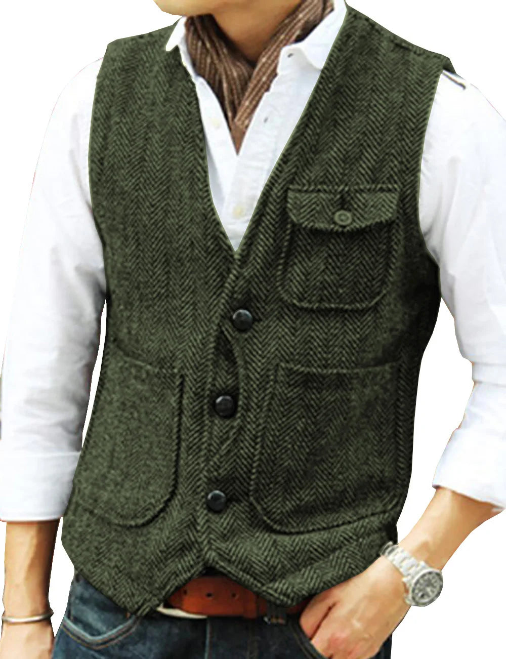 Men's Business Suit Vest Herringbone Tweed V Neck Formal Waistcoat for Wedding Suit or Tuxedo