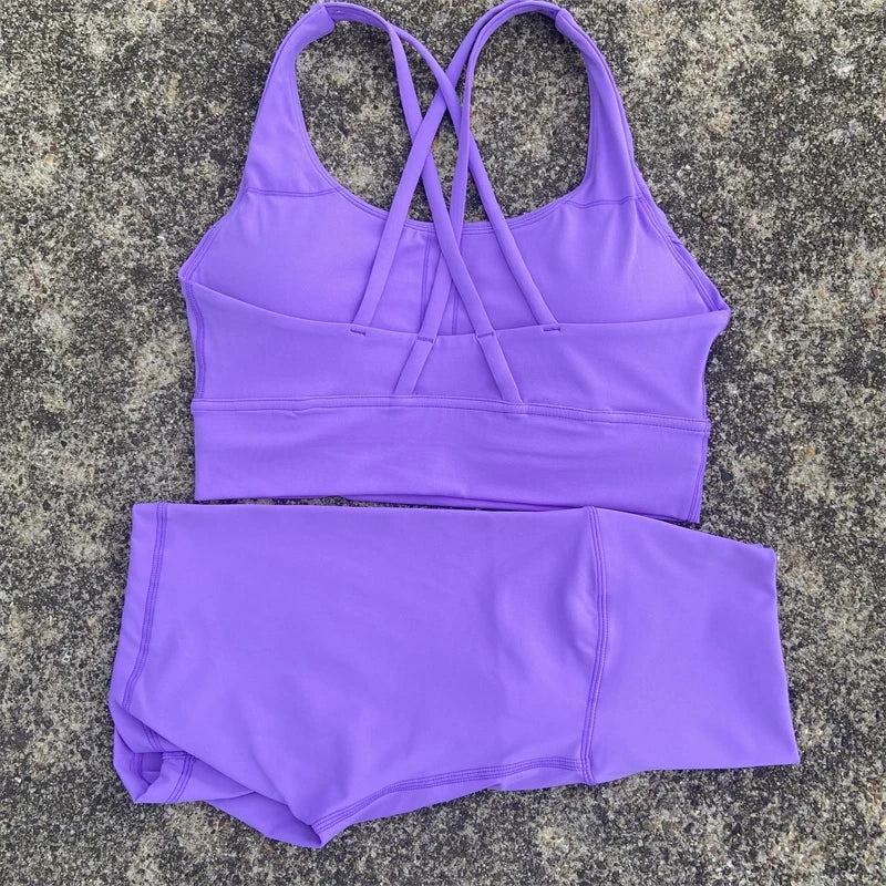 Solid Color soft gym Yoga Set short Legging +cross sport bra Tracksuit Women Gym Suit Comprehensive Training Jogging Athletic