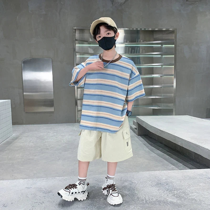 Children Summer Pink Blue Striped Suit Top and Bottom Clothes Set For Teen Boy New Fashion Tracksuit Outfit Kids Casual Clothing