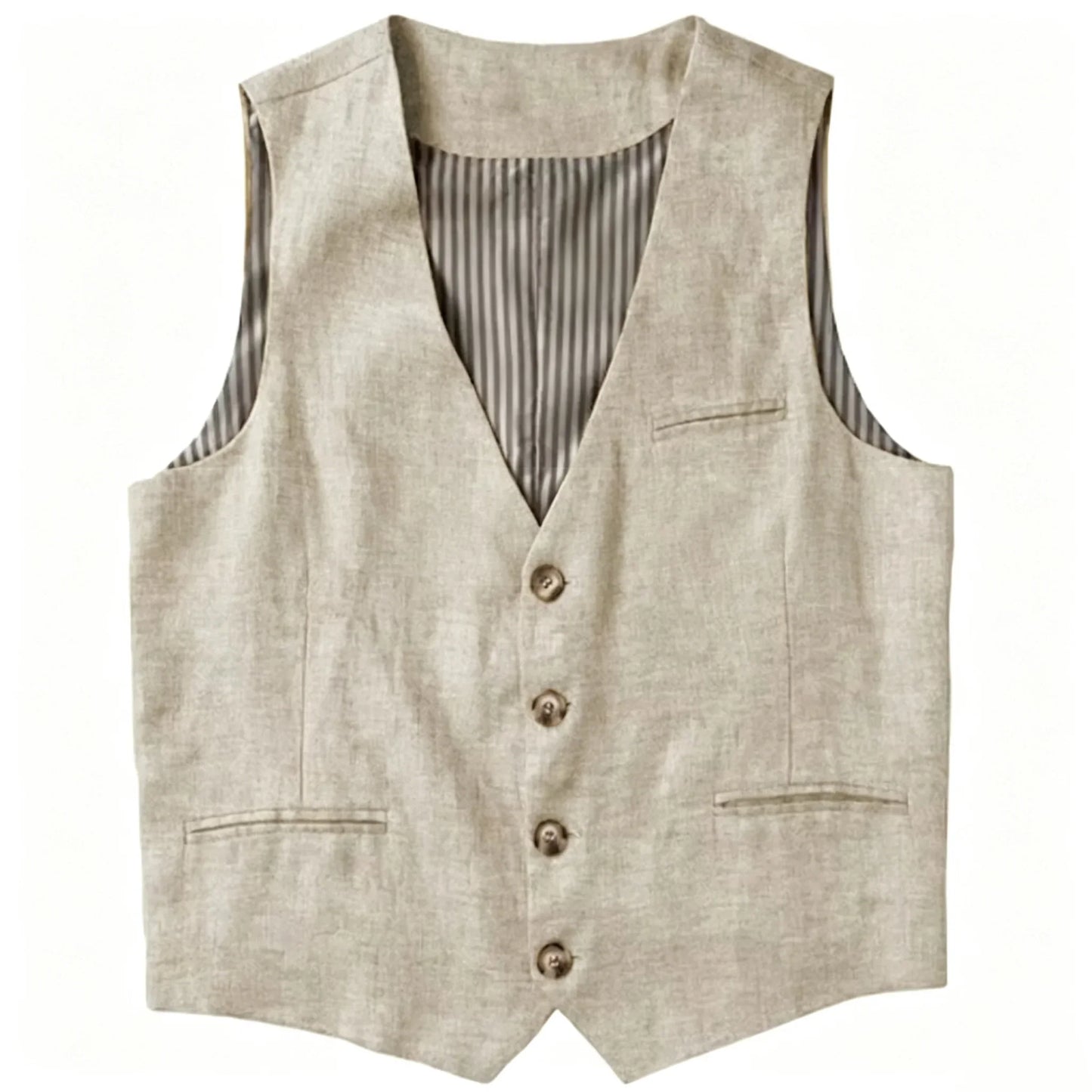 Beige Linen Men's Vest V Neck Summer Waistcoat Single Breasted Light Weigt Men's Suits Vest