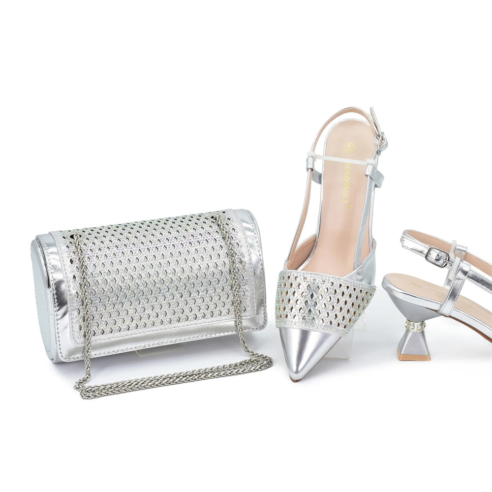 New Arrival Women Italian Shoes and Matching Bags Sets Decorated with Rhinestone Fashion Party Shoes and Bag Match for Women