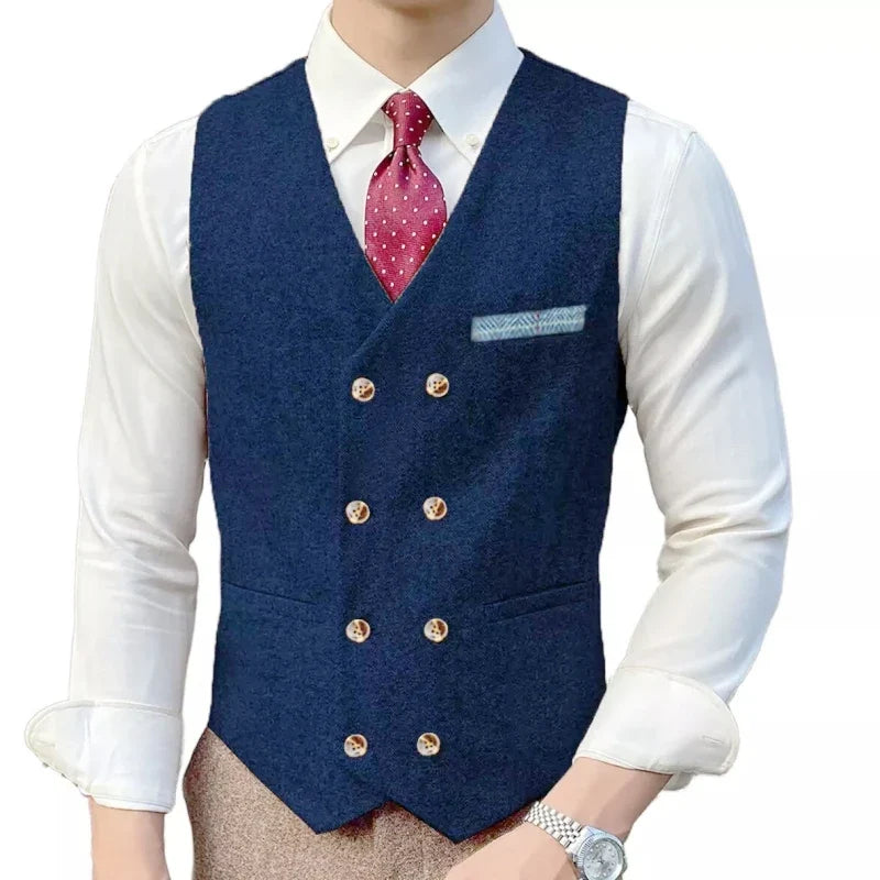 Men Vest Brown Solid Double ButtonTweed Slim Casual Business Waistcoat Jacket For Wedding Party Banquet Prom Set
