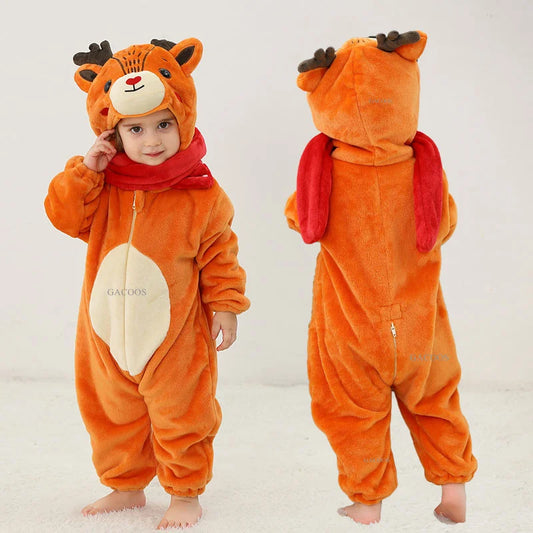 Halloween Dinosaur Winter Baby Romper Kigurumi Costume Flannel Hooded Bodysuit Pajamas Animal Overall Jumpsuit For Girl Boy 0-4T