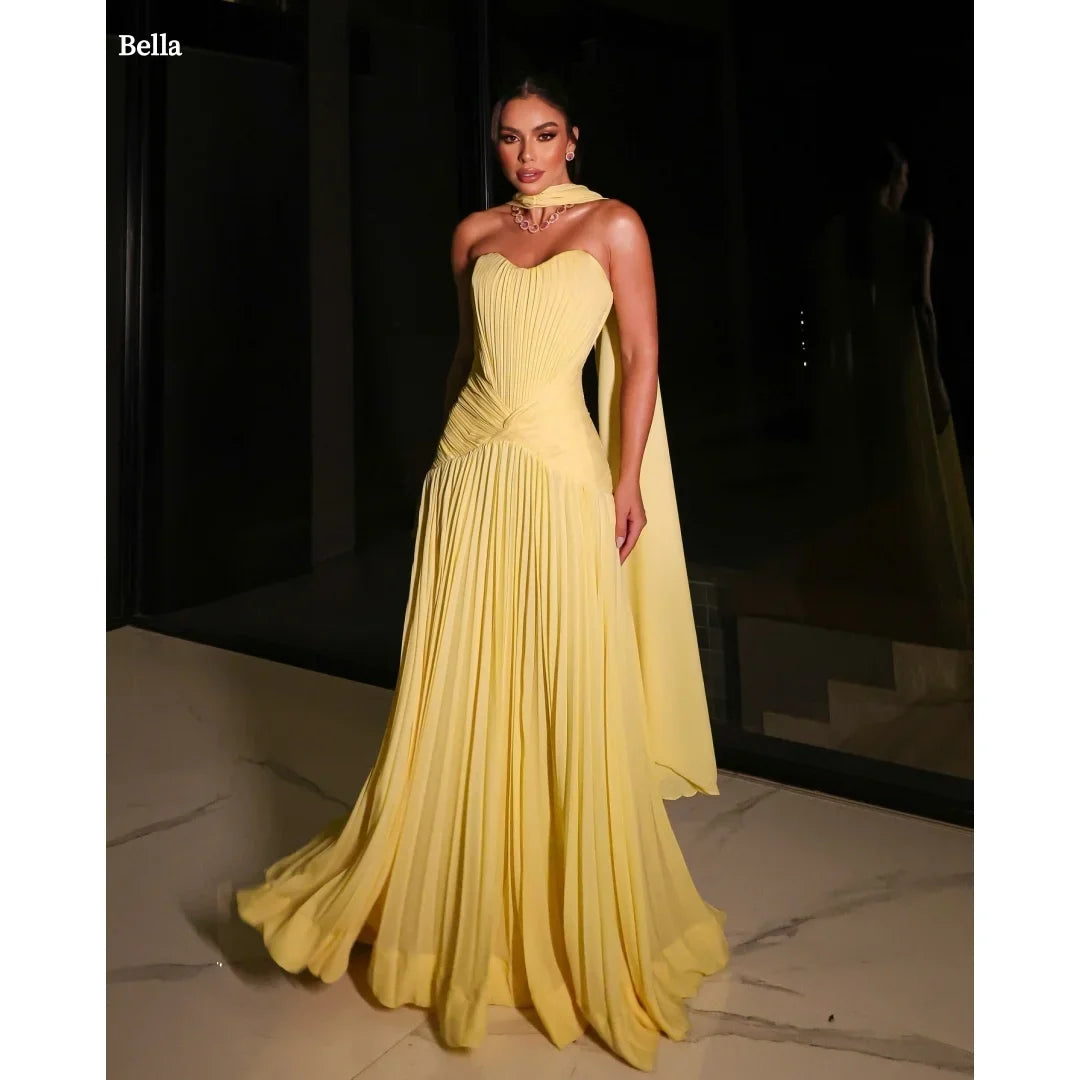 Customized Yellow Strapless Pleated Ruched Bodice Cape Elegant Fitted Flowy Maxi Skirt Party Dresses robes de soirée 2025