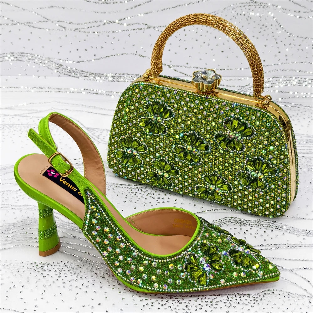 2025 Women’s Purple High Heel Party Shoes and Rhinestone Handbag Set - Italian Design Wedding Style