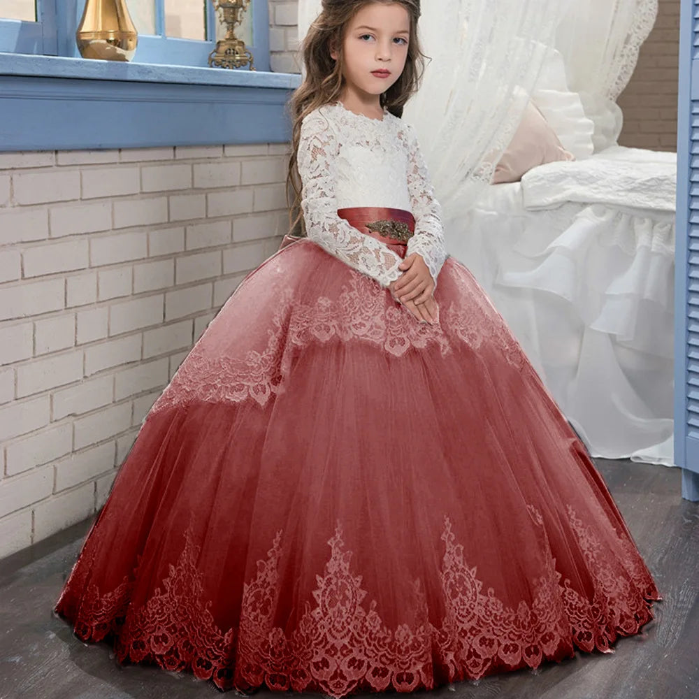 Sweet Lace Flower Girls Dresses Long Sleeves O Neck Formal Dress For Little Girls Wedding Guest Gown Birthday Party Dresses