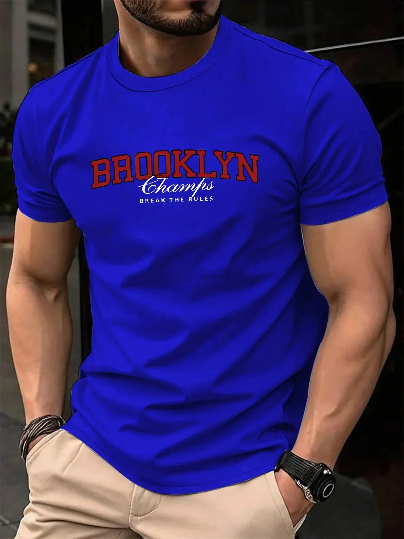 Men's Summer 100% Cotton Fashionable Casual Loose Brooklyn Pattern Printed Sports Round Neck Short Sleeve T-shirt Top