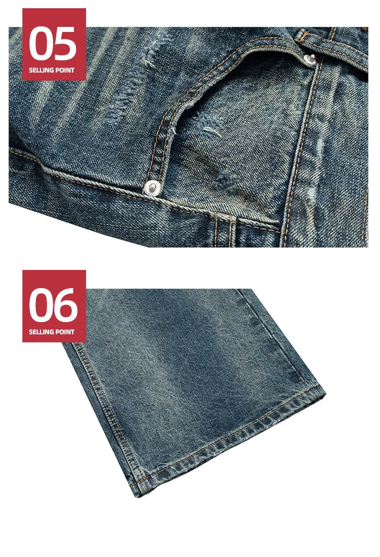 Unisex Retro Washed Aged Ripped Straight Leg Blue Jeans Torn Hole Z029#