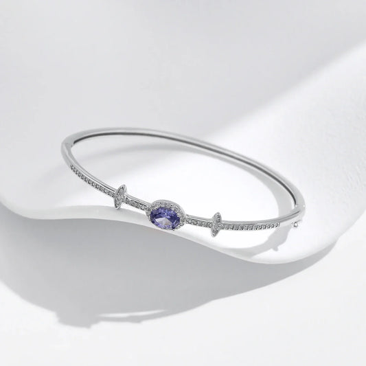 Bracelet jonc ovale halo en argent sterling 925 avec oxyde de zirconium de Tanzanie, plaqué platine, bijoux fins, cadeau pour femme, maman, épouse, jeune fille
