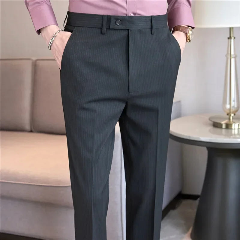 British Style Pinstripe Slim Fit Suit Pant Men Business Casual Simple Dress Pants High Quality Social Wedding Party Trousers