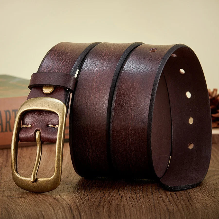 3.8 CM High Quality Pure Cowhide Thick Real Genuine Leather Men's Fashion Brass Buckle Belts Luxury Brand Jeans Belts for Men
