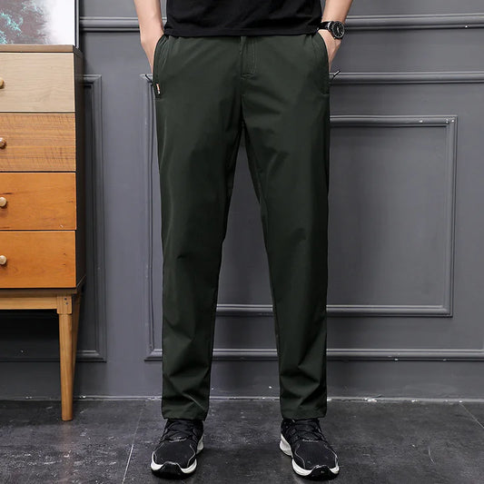 Men's Summer Cargo Pants Big Size Ice Silk Stretch Breathable Straight Leg Pants Quick Dry Elastic Lightweight Long Trousers