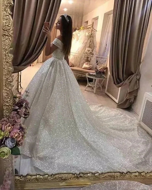 Customized White A Line Elegant Sexy Wedding Party Dress Off The Shoulder Shining Tulle Bridal Special Occasion Dress for Woman