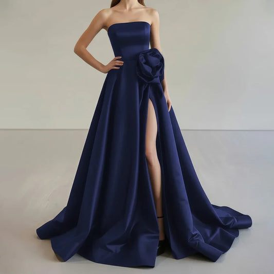 Simple Black A-Line Formal Dresses Stain Pleats Split Party Dress For Wedding Strapless Special Occasion Dress Customized