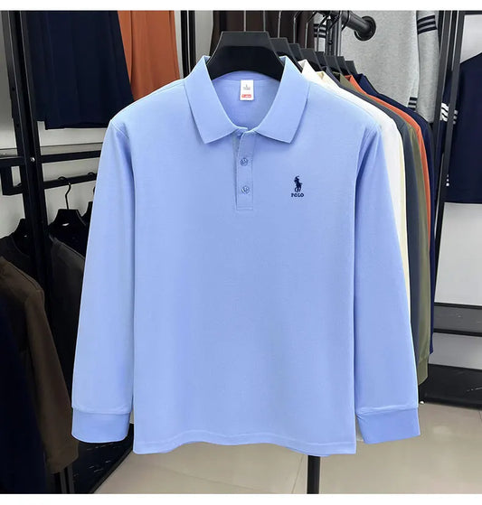 2025 autumn men's long sleeved T-shirt with a solid color polo shirt and a loose casual plus size base shirt