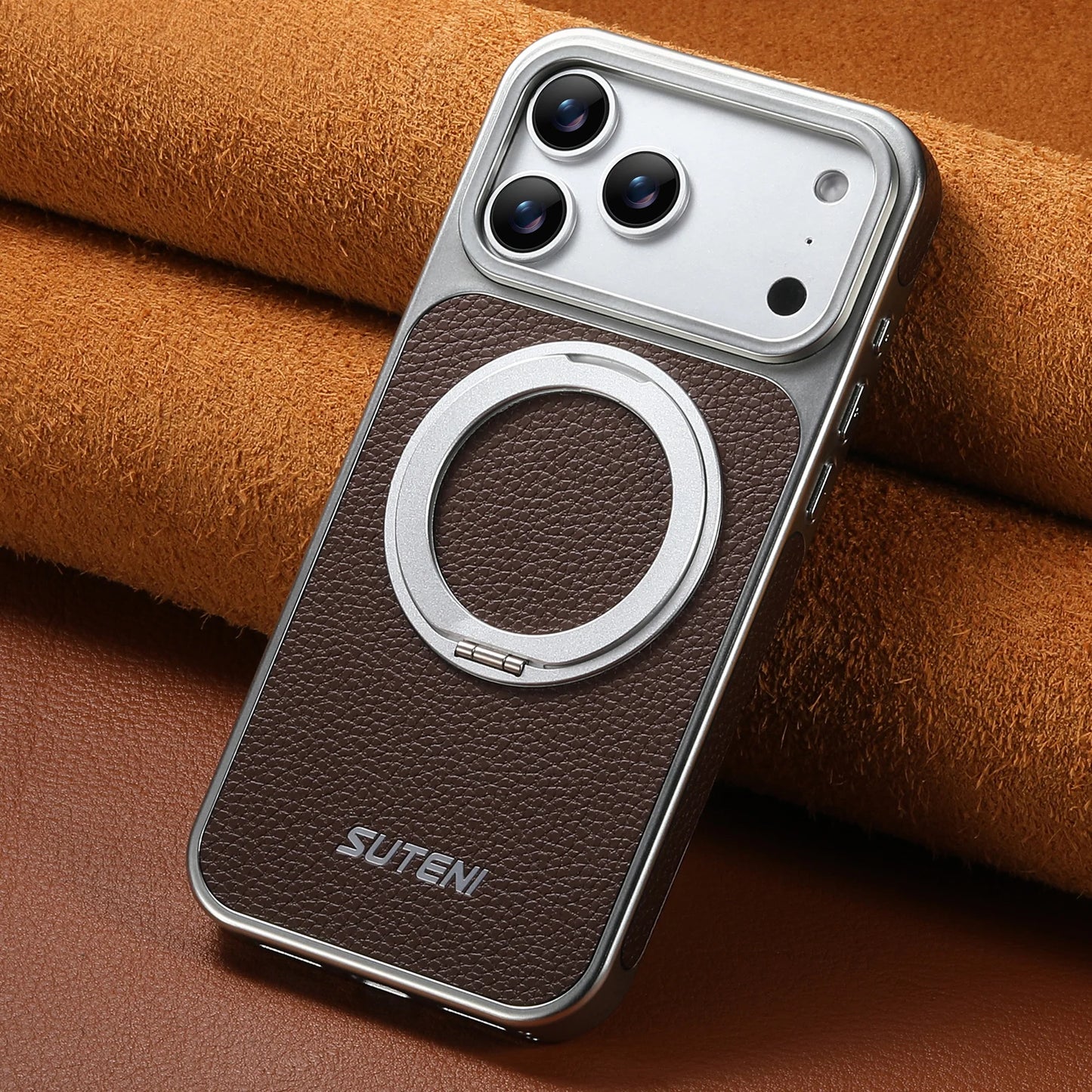 Faux Leather Magnet Wireless Charging Phone Case 360° Rotating Stand Ring Buckle Frosted Feel For iPhone 17 Pro Max 16 15