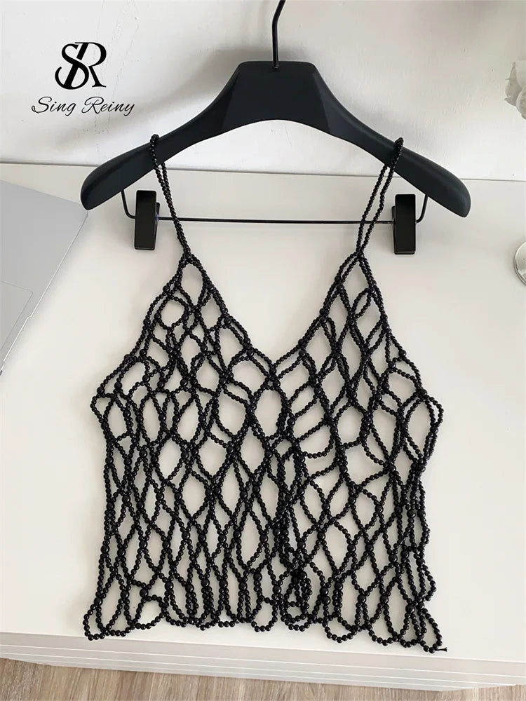 Strap Pearl Camisole Female V Neck Sleeveless Match Sweater Outside Top Fashion High Quality Hollow Out Loose Tank Top