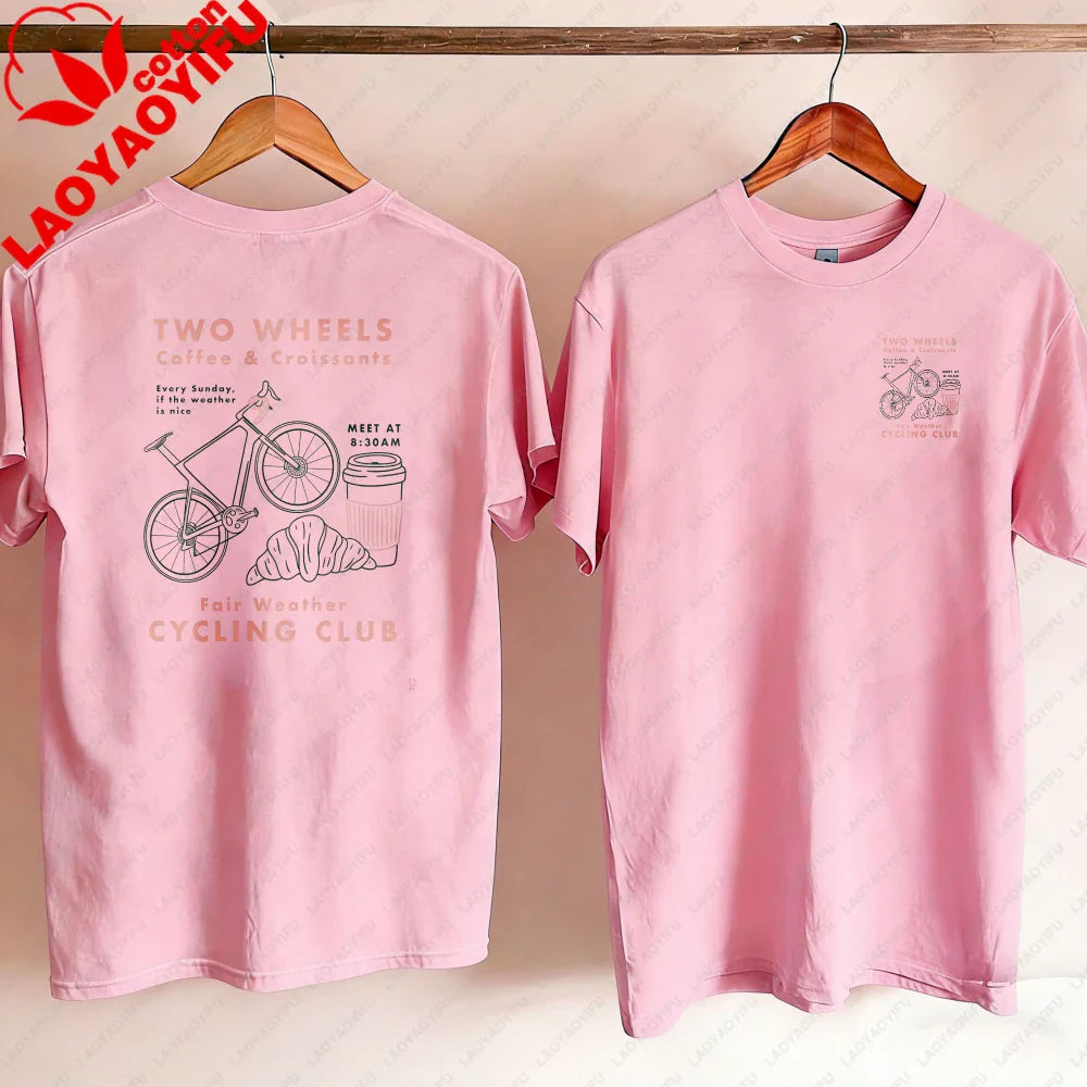 Cycling Club Cropped T-Shirt Hand-Drawn Bike Coffee & Croissants Graphic T Shirts Oversized T Shirt High Quality Cotton Tops Tee