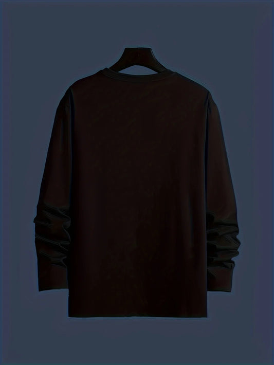 Loose Men's Solid Color Comfortable Breathable round Neck Printed Casual Trendy Long Sleeve Base Shirt for Spring Autumn Daily