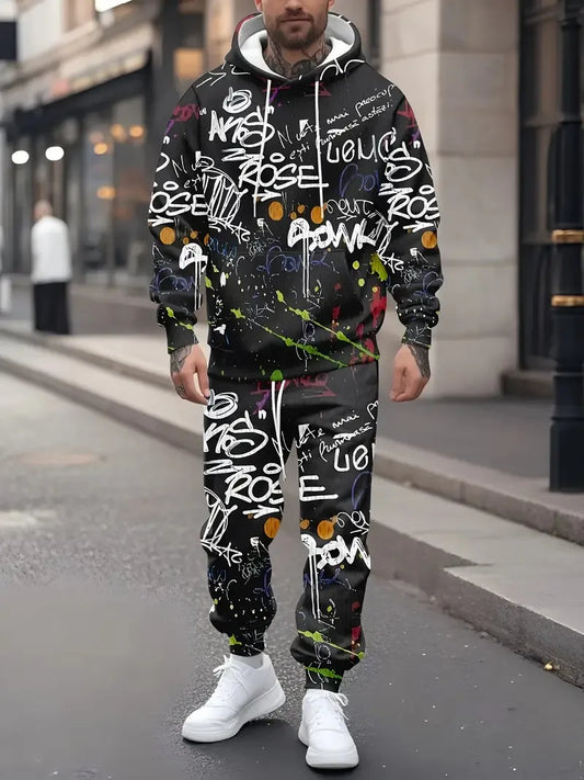 The new men's hoodie set for Spring and Autumn 2025 features a casual fashionable and comfortable 3D graffiti pattern print