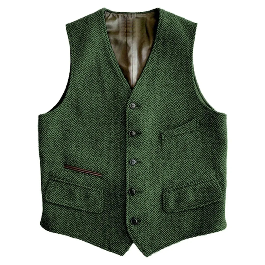 Men Vest Green Herringbone Single Button V Neck Waistcoat For Wedding Banquet Business Office Work Daily Casual Men Suit Vest