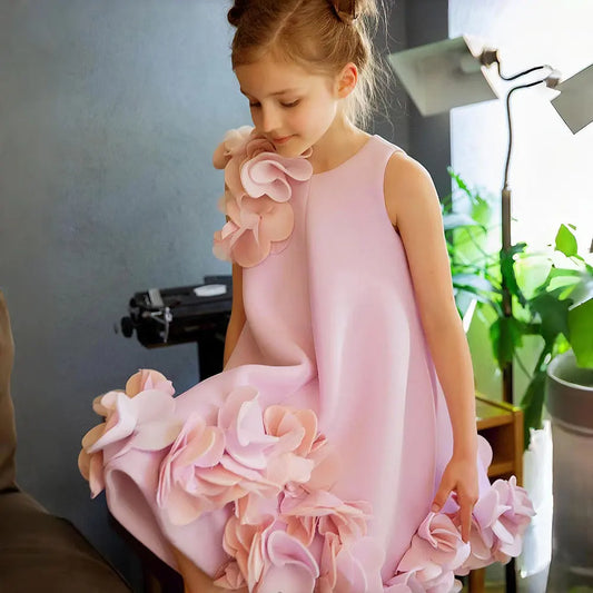 J073 Elegant White Dubai Girl Dress Pink Eid al-Fitr Baby Children Clothes for Wedding Birthday Holiday Party 2025