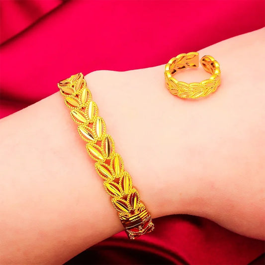 Bracelet et Bague en Or Pur 24 carats 9999 pour Femme, Bracelet et Bague Style Vigne Feuille, Cadeau Bijoux en Or
