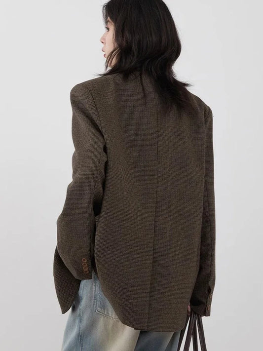 Women's Woolen Blazer Loose Retro Single Breasted Female Jacket Mid Length Plaid Coat for Woman Autumn Winter 2024