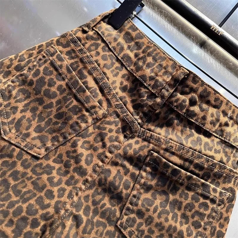 2025 Leopard Print High Waist Denim Shorts Women's New Irregular Fashion Wide-leg Pants Booty Shorts Jeans Mini Shorts Summer