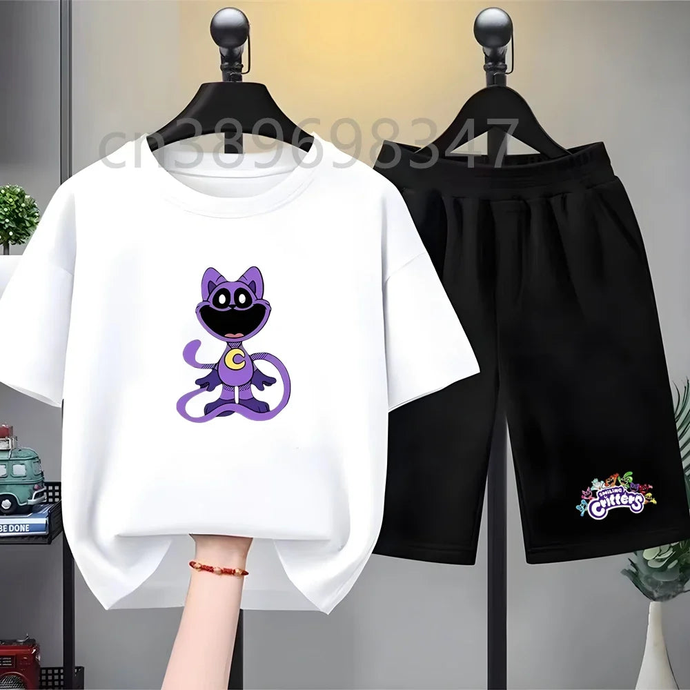 Summer Tshirt Cool White Boy Girl Children T-shirt+Shorts Set Toddler 3-12Yrs Fashion Round Neck Anime game Print