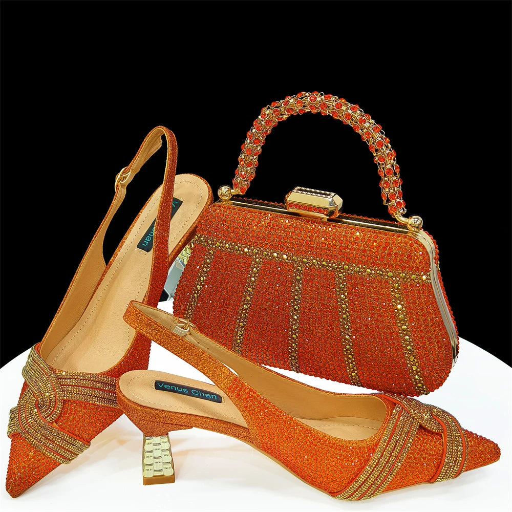 Nigerian Heel Party for Women Shoes and Bag Set Champagne Colour Rhinestone Handbag Italian Design Wedding INS 2024