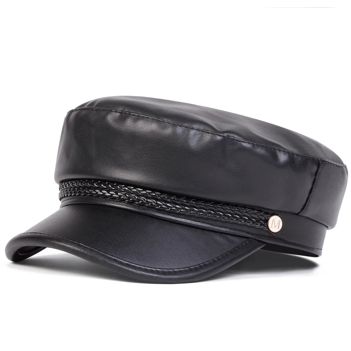 Fashion Women Large Belt Buckle Leather Hat Spring Autumn Sailor Hats Black Ladies Beret Caps Men Flat Top Captain Military Caps