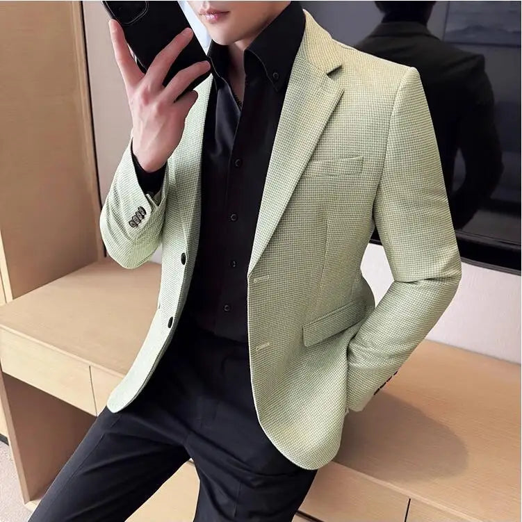 Bright Silk Thousand Bird Grid Suit Jacket Korean-style Business Fashion Slim Fit Single Breasted Men Social Party Dress Coats