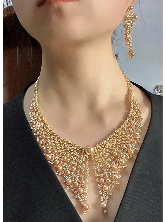 Luxury Cubic Zirconia 2pcs Pearl Necklacе Nigeria Dubai Bridal Wedding Jewellery Sets For Women Party Accessories