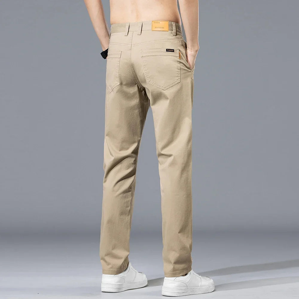 Brand Clothing Spring Summer Men's Casual Pants 97%Cotton Straight Solid Color Business Leisure Long Trousers Khaki Grey Blue